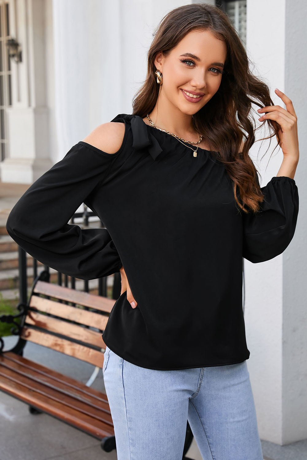 Double Take Tied Asymmetrical Neck Cold - Shoulder Blouse - Loulou Boutique