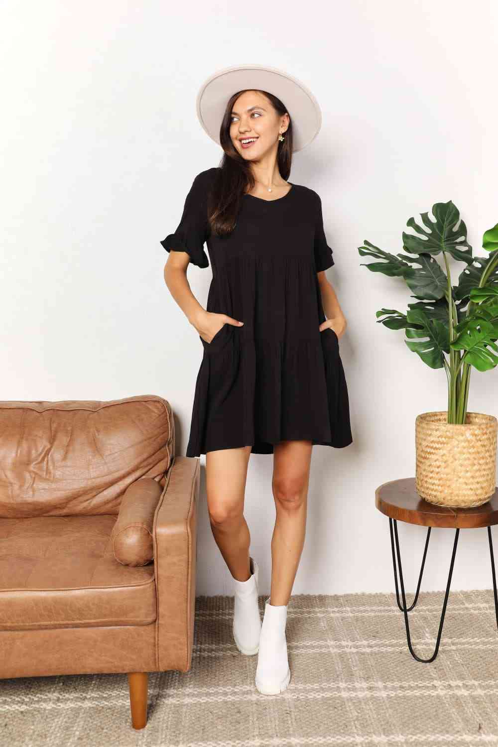 Double Take V - Neck Flounce Sleeve Tiered Dress - Loulou Boutique