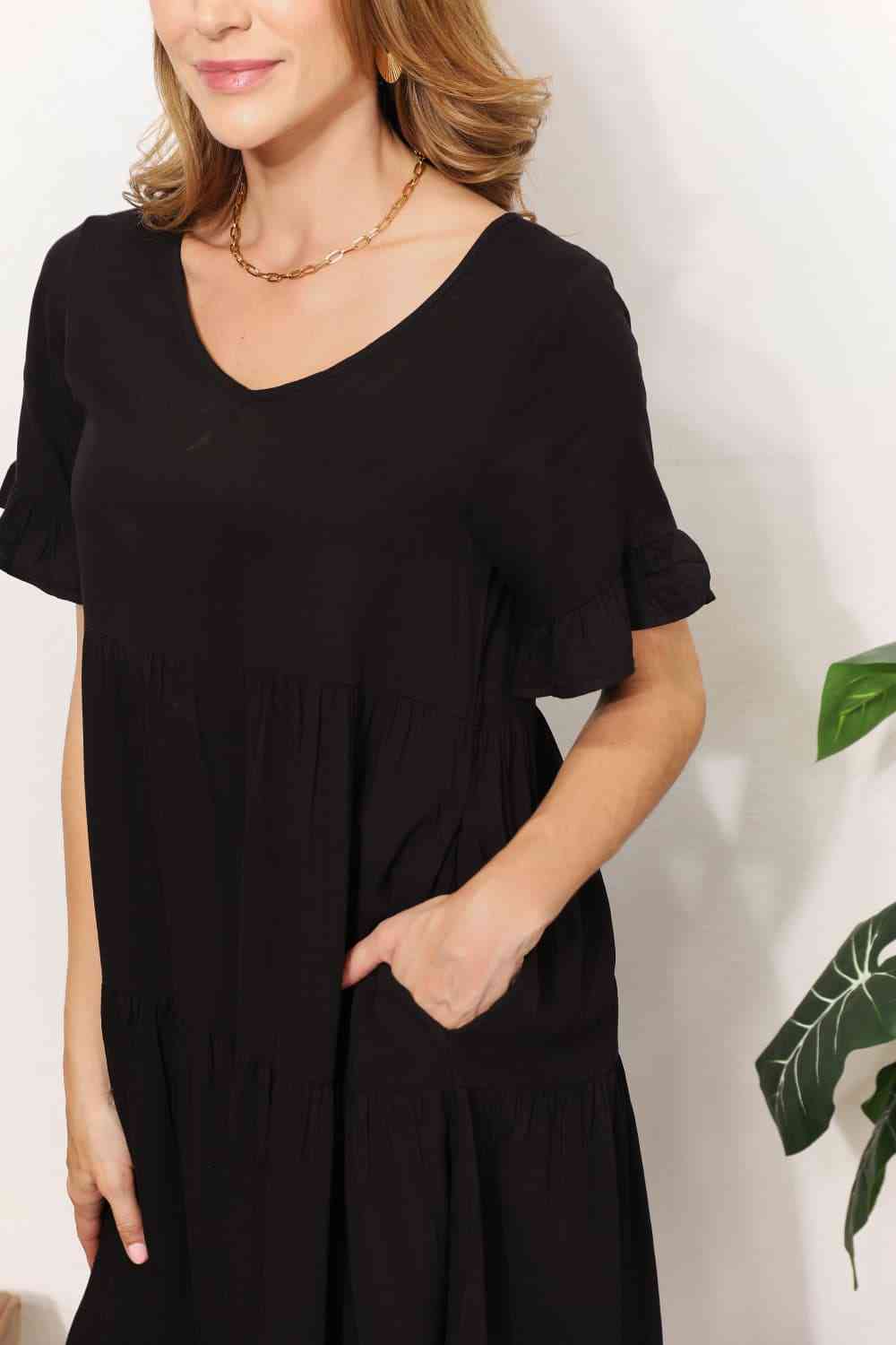 Double Take V - Neck Flounce Sleeve Tiered Dress - Loulou Boutique