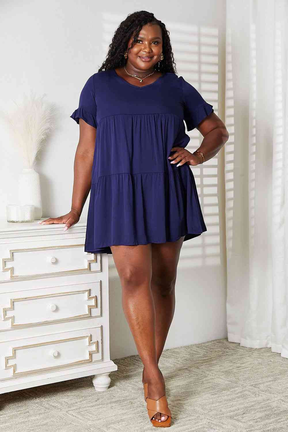 Double Take V - Neck Flounce Sleeve Tiered Dress - Loulou Boutique