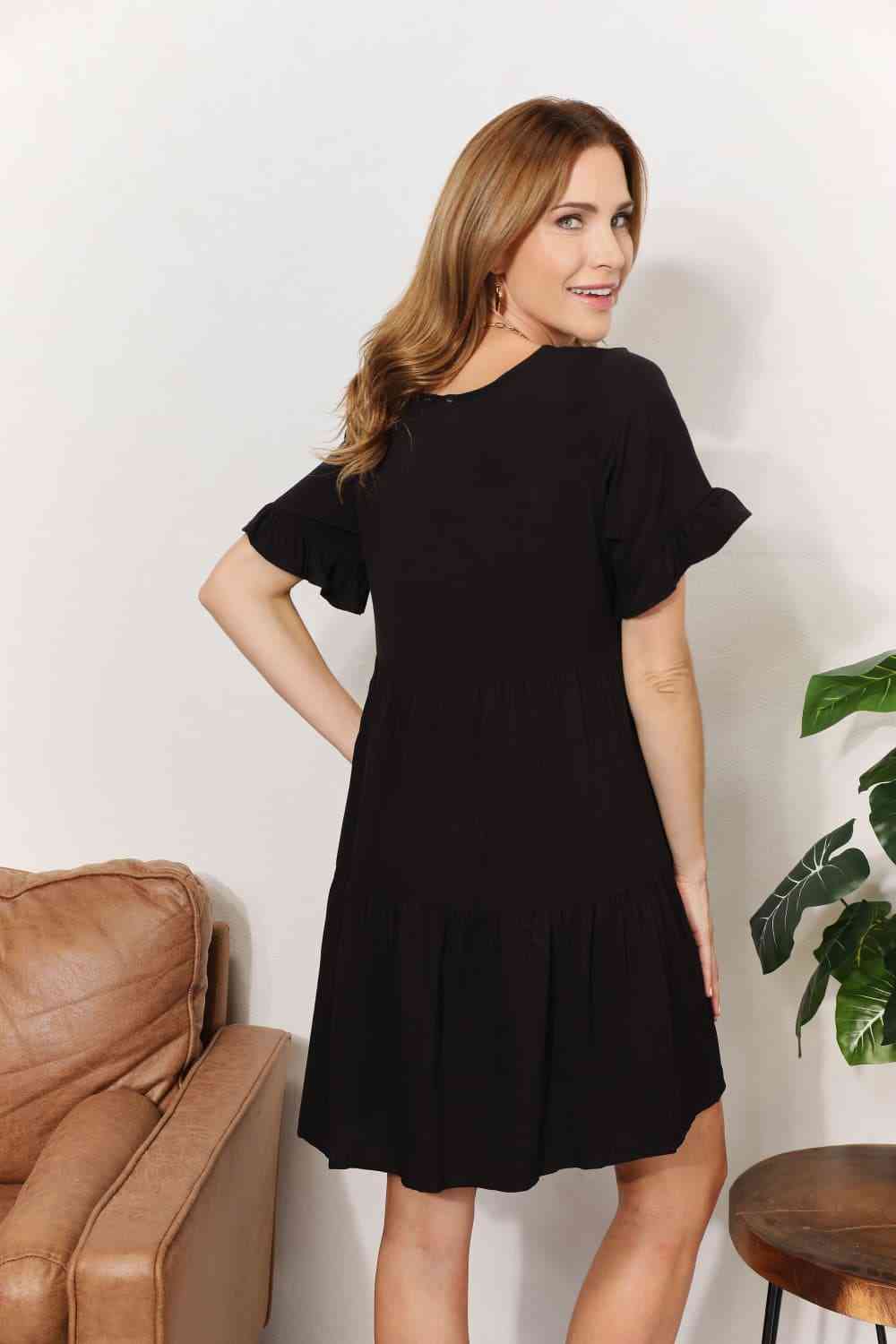Double Take V - Neck Flounce Sleeve Tiered Dress - Loulou Boutique