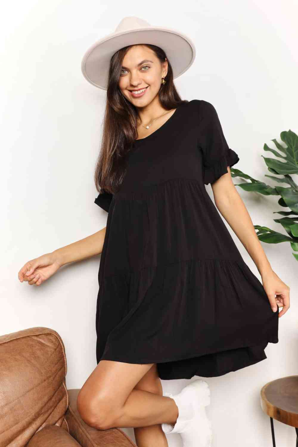 Double Take V - Neck Flounce Sleeve Tiered Dress - Loulou Boutique