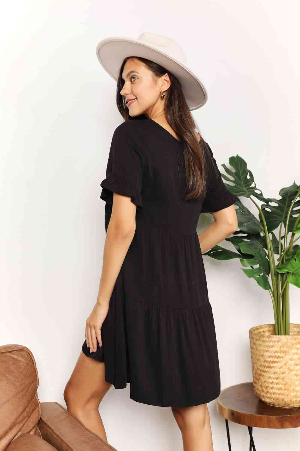 Double Take V - Neck Flounce Sleeve Tiered Dress - Loulou Boutique