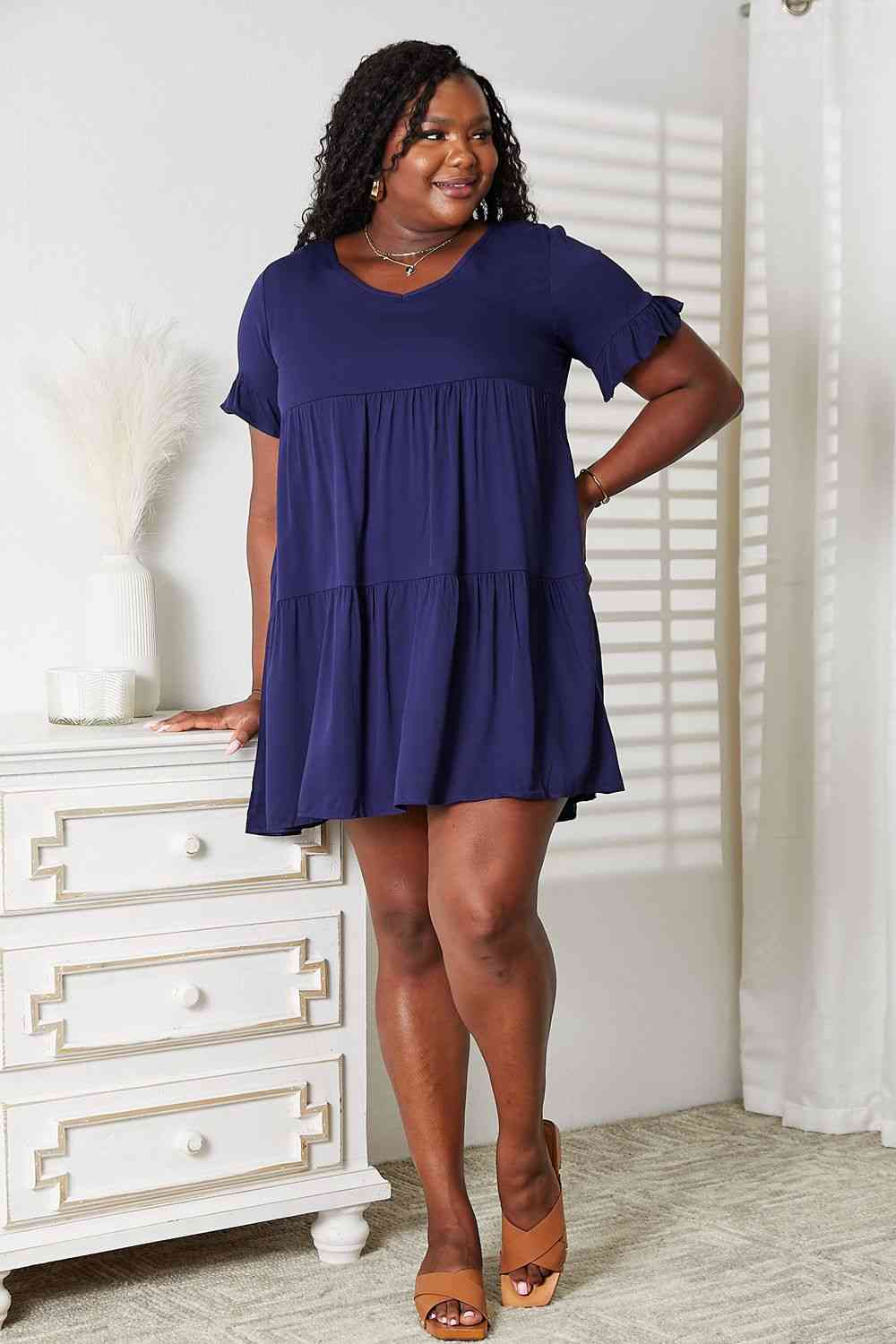 Double Take V - Neck Flounce Sleeve Tiered Dress - Loulou Boutique