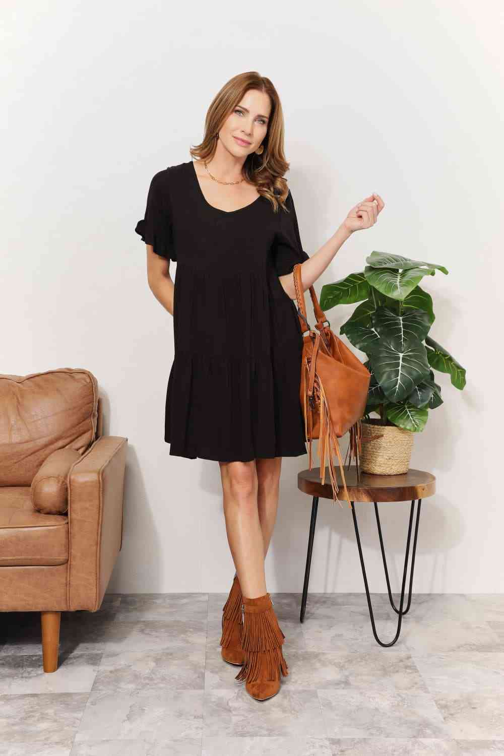 Double Take V - Neck Flounce Sleeve Tiered Dress - Loulou Boutique