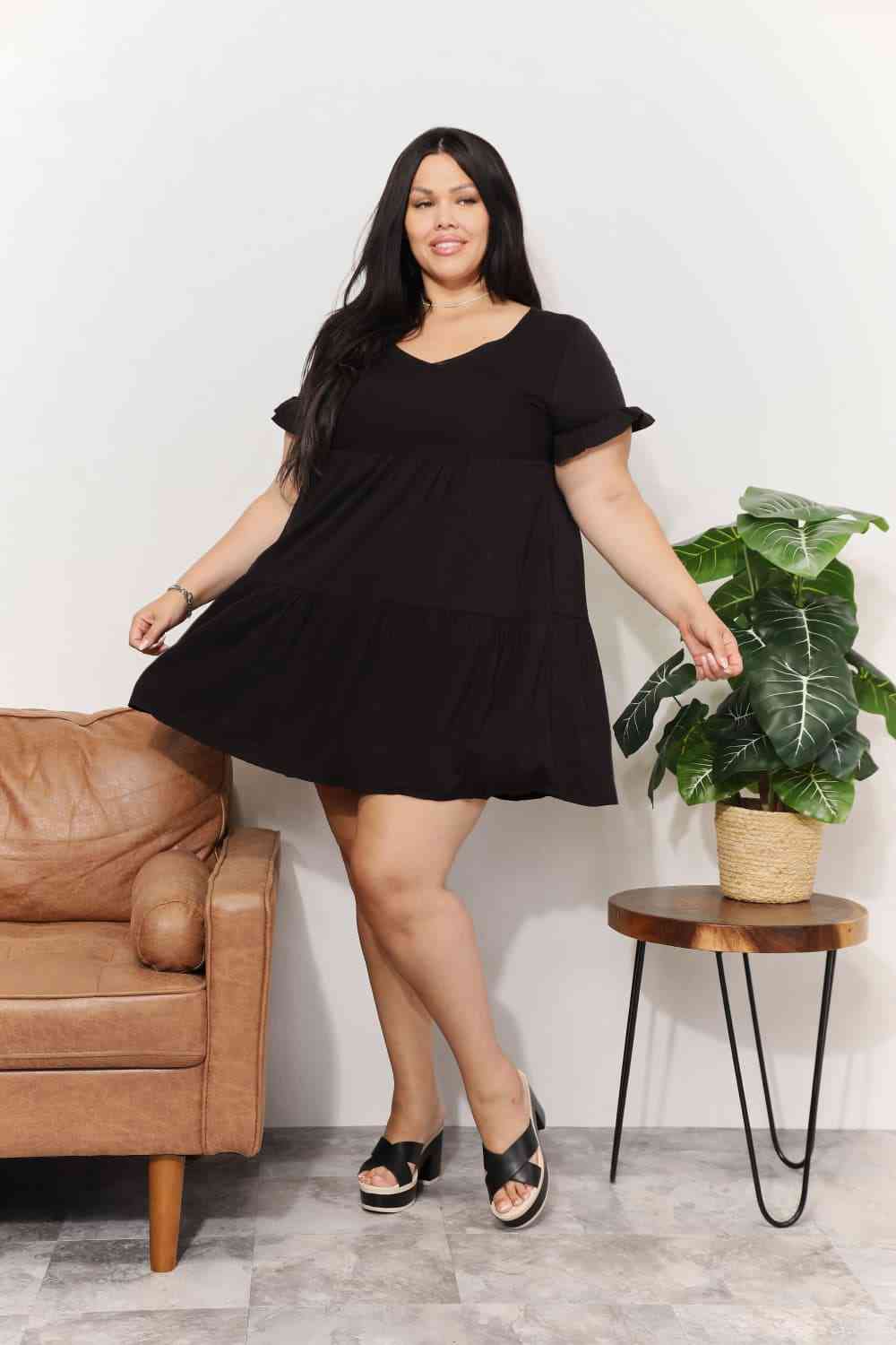 Double Take V - Neck Flounce Sleeve Tiered Dress - Loulou Boutique
