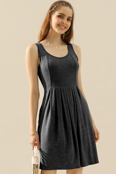 Doublju Full Size Round Neck Ruched Sleeveless Dress with Pockets - Loulou Boutique