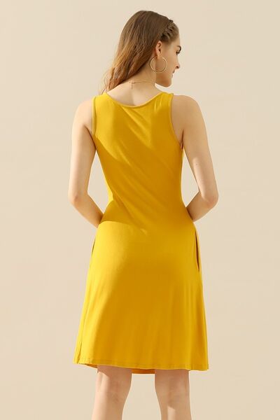 Doublju Full Size Round Neck Ruched Sleeveless Dress with Pockets - Loulou Boutique