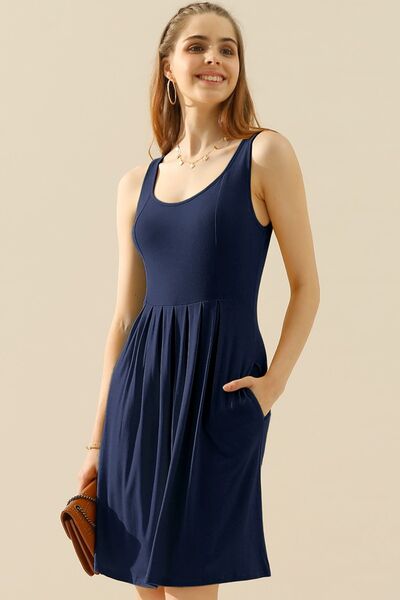 Doublju Full Size Round Neck Ruched Sleeveless Dress with Pockets - Loulou Boutique