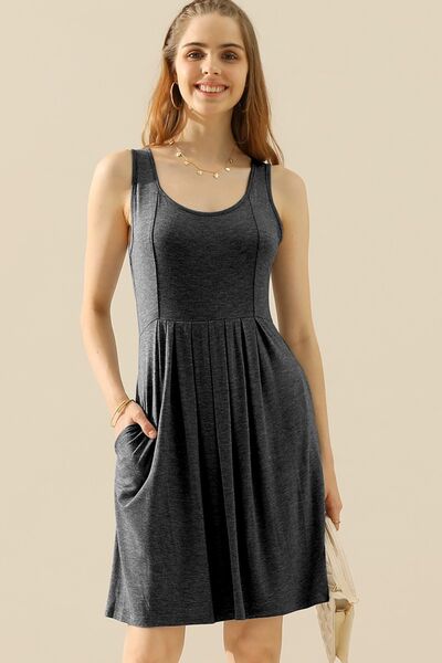 Doublju Full Size Round Neck Ruched Sleeveless Dress with Pockets - Loulou Boutique