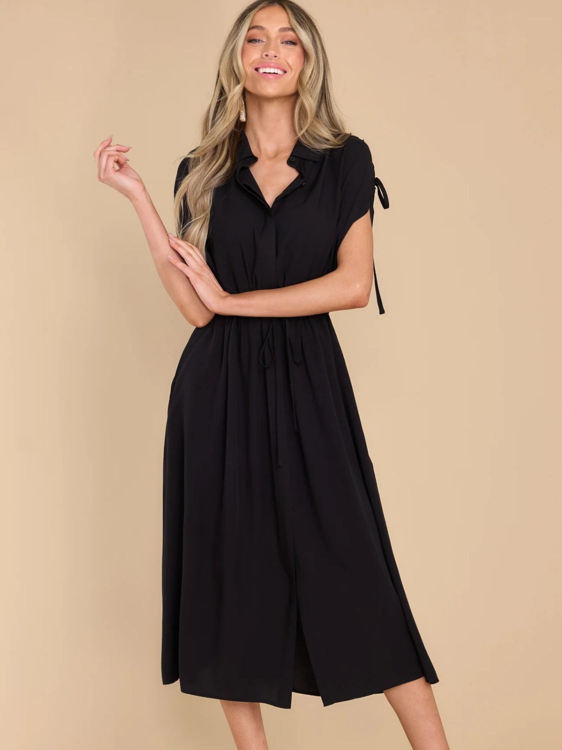 Drawstring Collared Neck Short Sleeve Midi Dress - Loulou Boutique