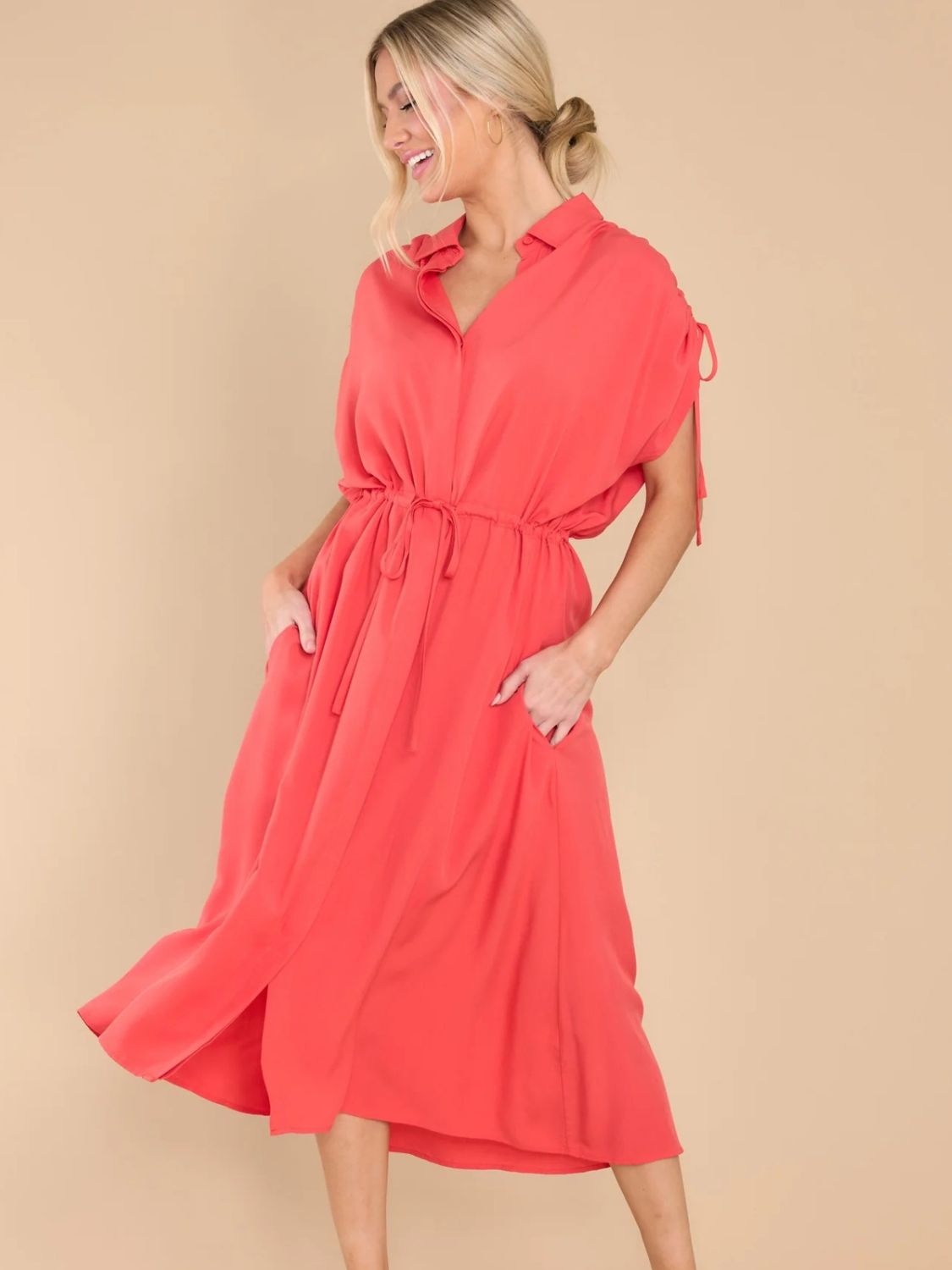Drawstring Collared Neck Short Sleeve Midi Dress - Loulou Boutique