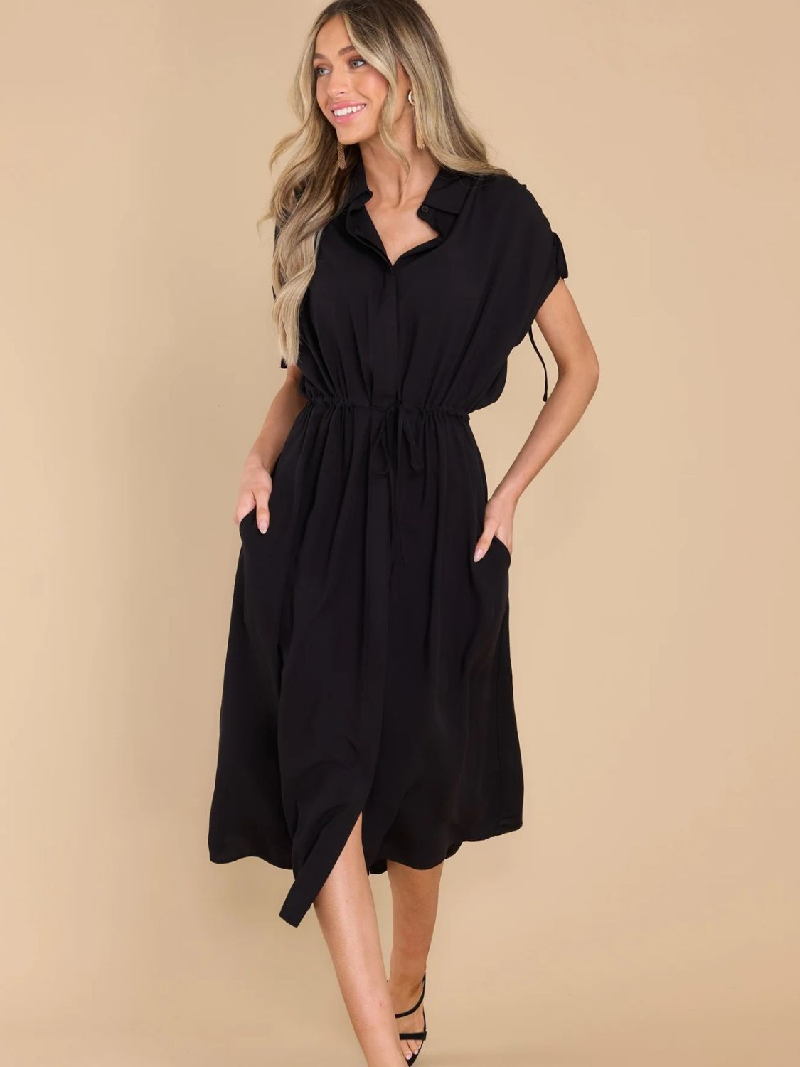 Drawstring Collared Neck Short Sleeve Midi Dress - Loulou Boutique