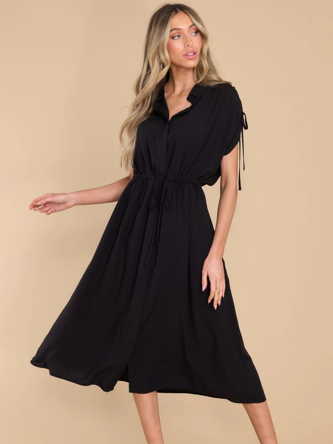 Drawstring Collared Neck Short Sleeve Midi Dress - Loulou Boutique