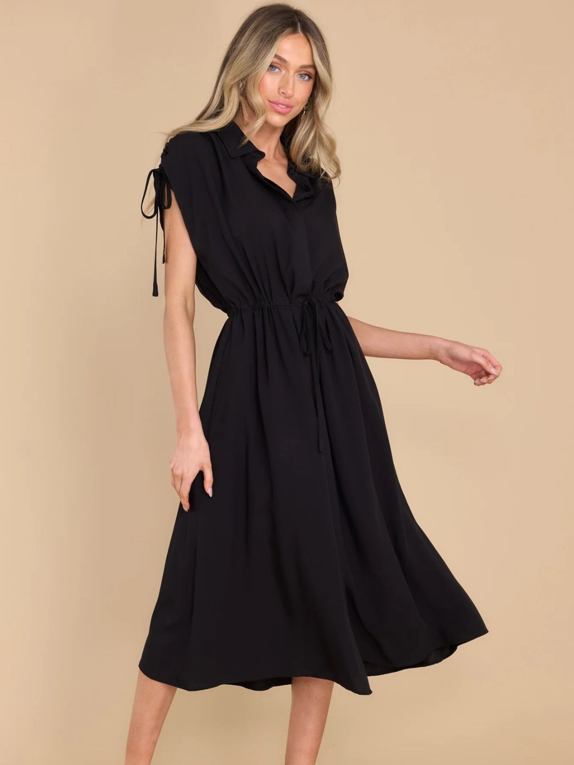 Drawstring Collared Neck Short Sleeve Midi Dress - Loulou Boutique