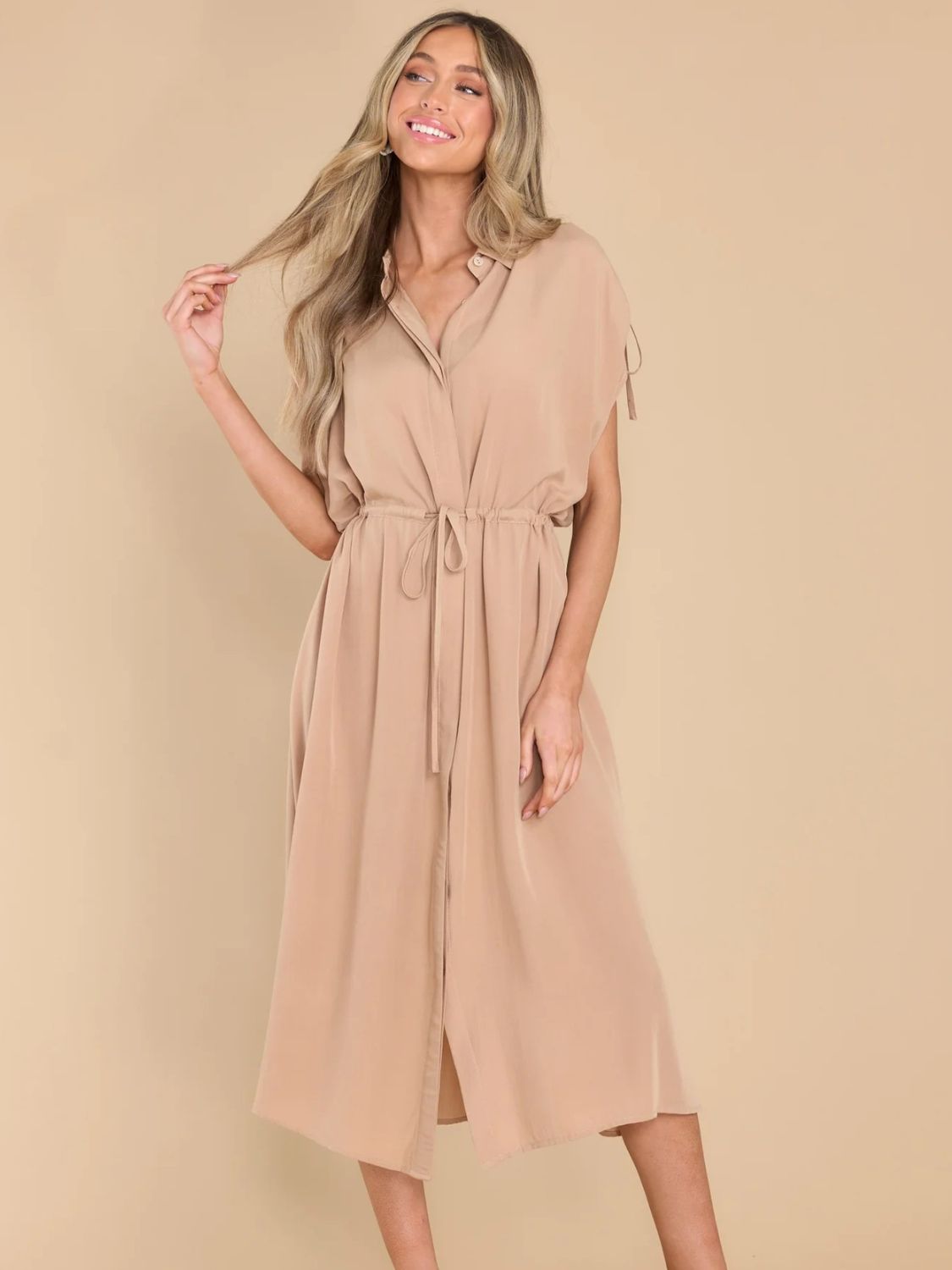Drawstring Collared Neck Short Sleeve Midi Dress - Loulou Boutique