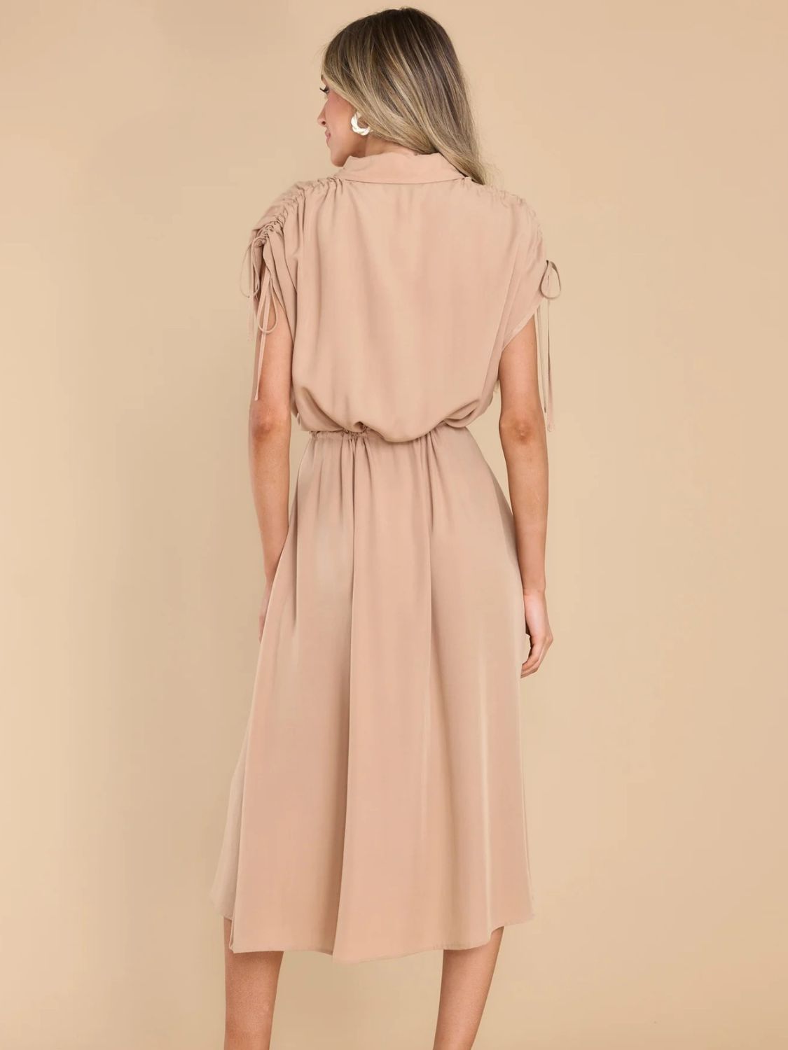 Drawstring Collared Neck Short Sleeve Midi Dress - Loulou Boutique