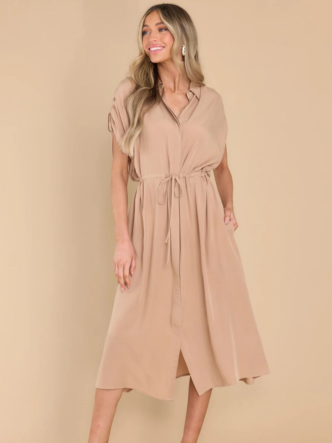 Drawstring Collared Neck Short Sleeve Midi Dress - Loulou Boutique