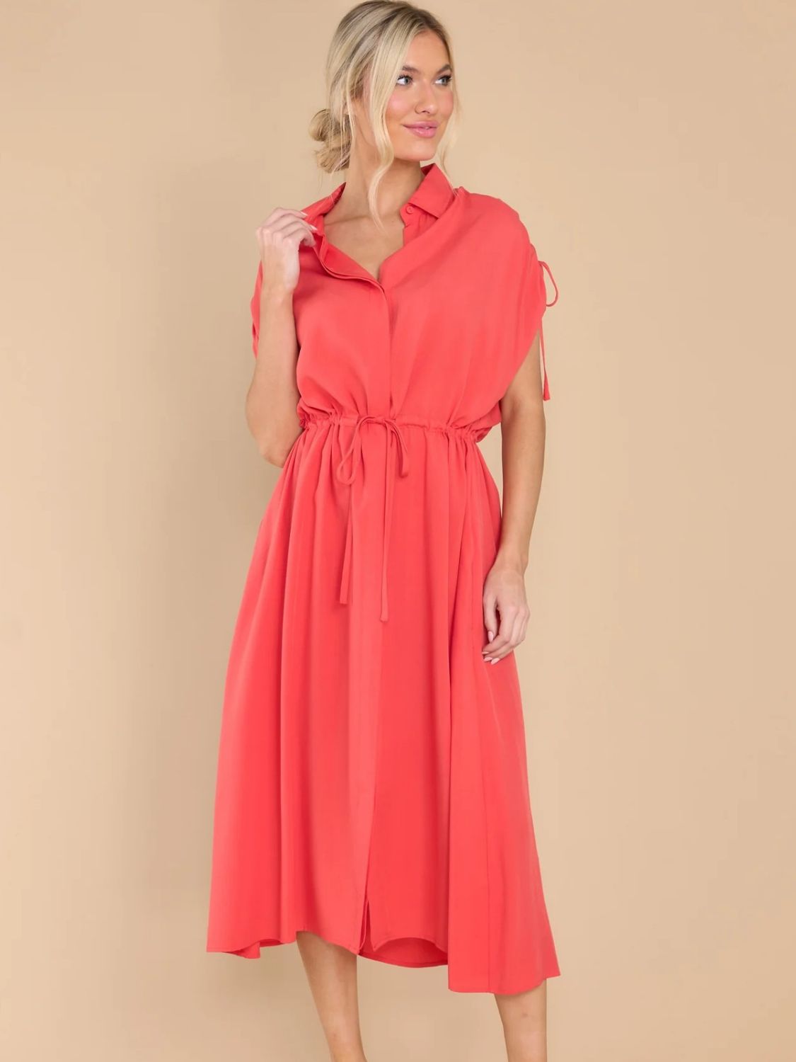 Drawstring Collared Neck Short Sleeve Midi Dress - Loulou Boutique