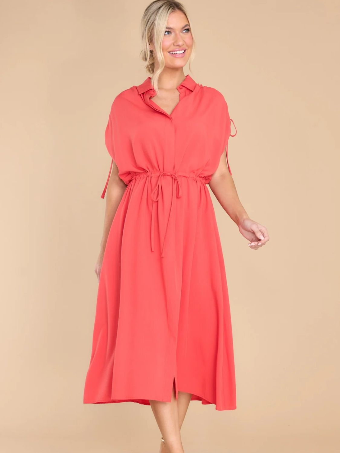 Drawstring Collared Neck Short Sleeve Midi Dress - Loulou Boutique