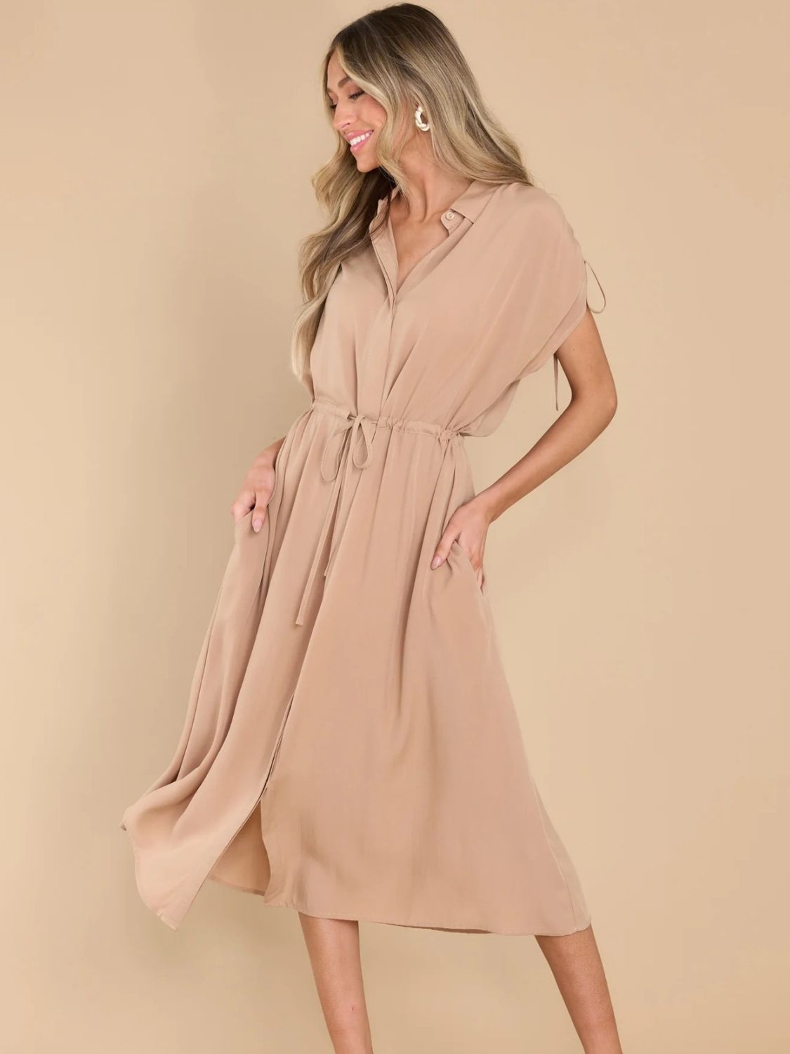Drawstring Collared Neck Short Sleeve Midi Dress - Loulou Boutique