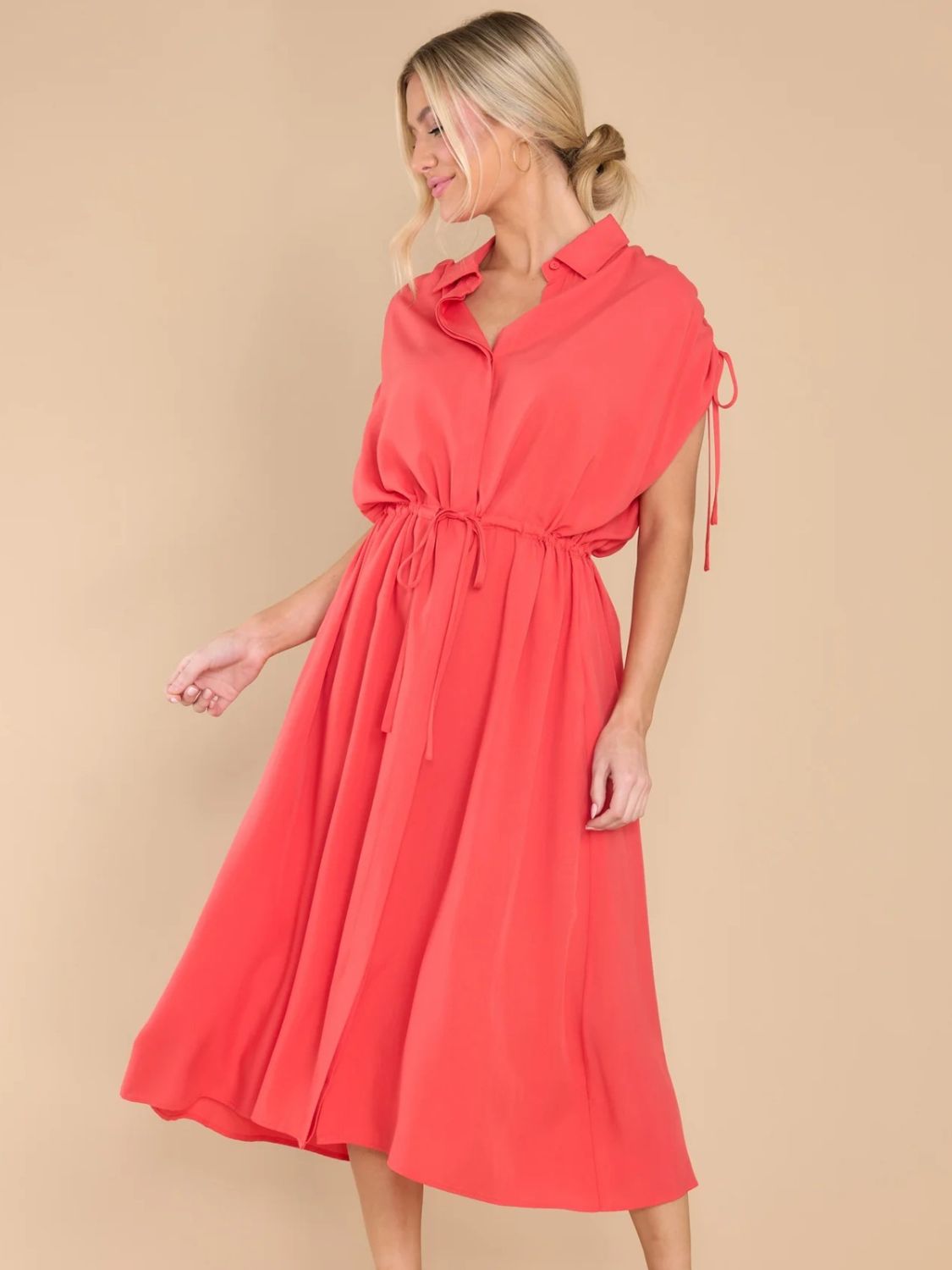 Drawstring Collared Neck Short Sleeve Midi Dress - Loulou Boutique