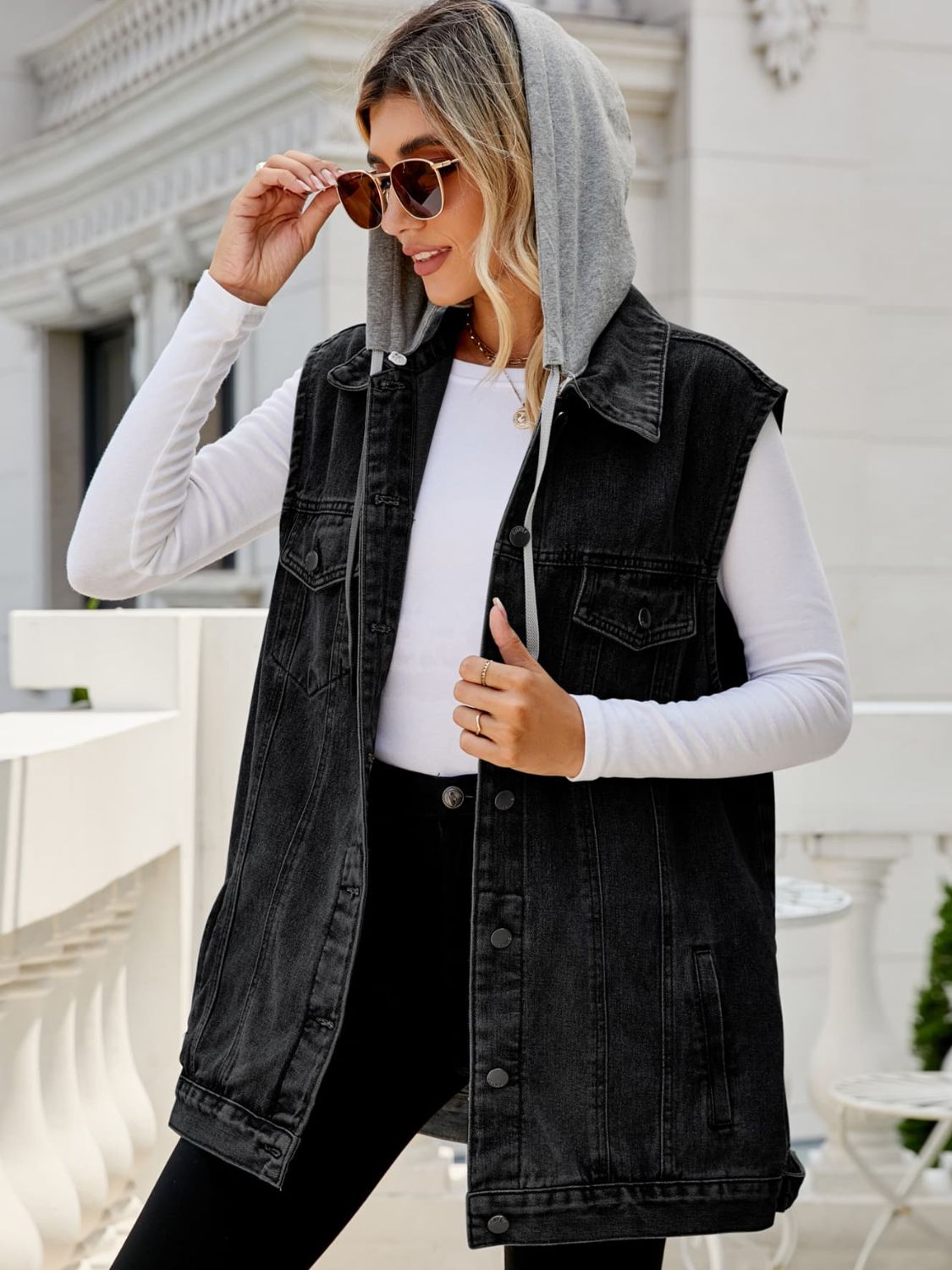 Drawstring Hooded Sleeveless Denim Top with Pockets - Loulou Boutique