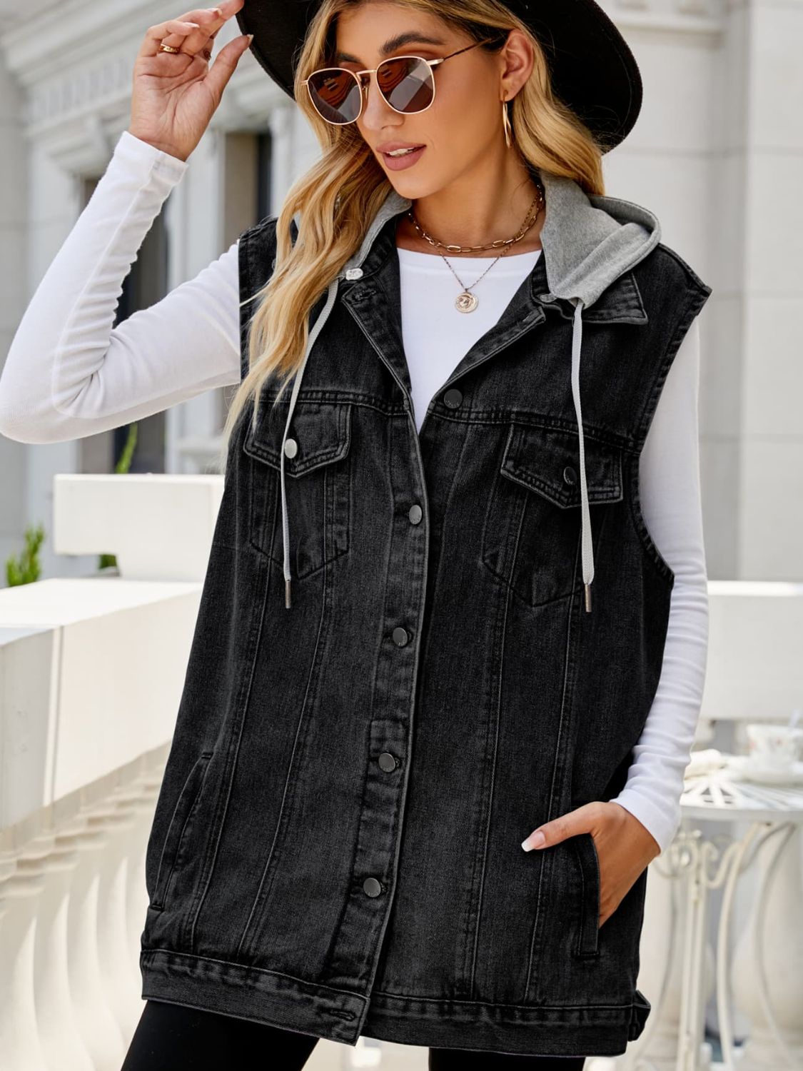 Drawstring Hooded Sleeveless Denim Top with Pockets - Loulou Boutique