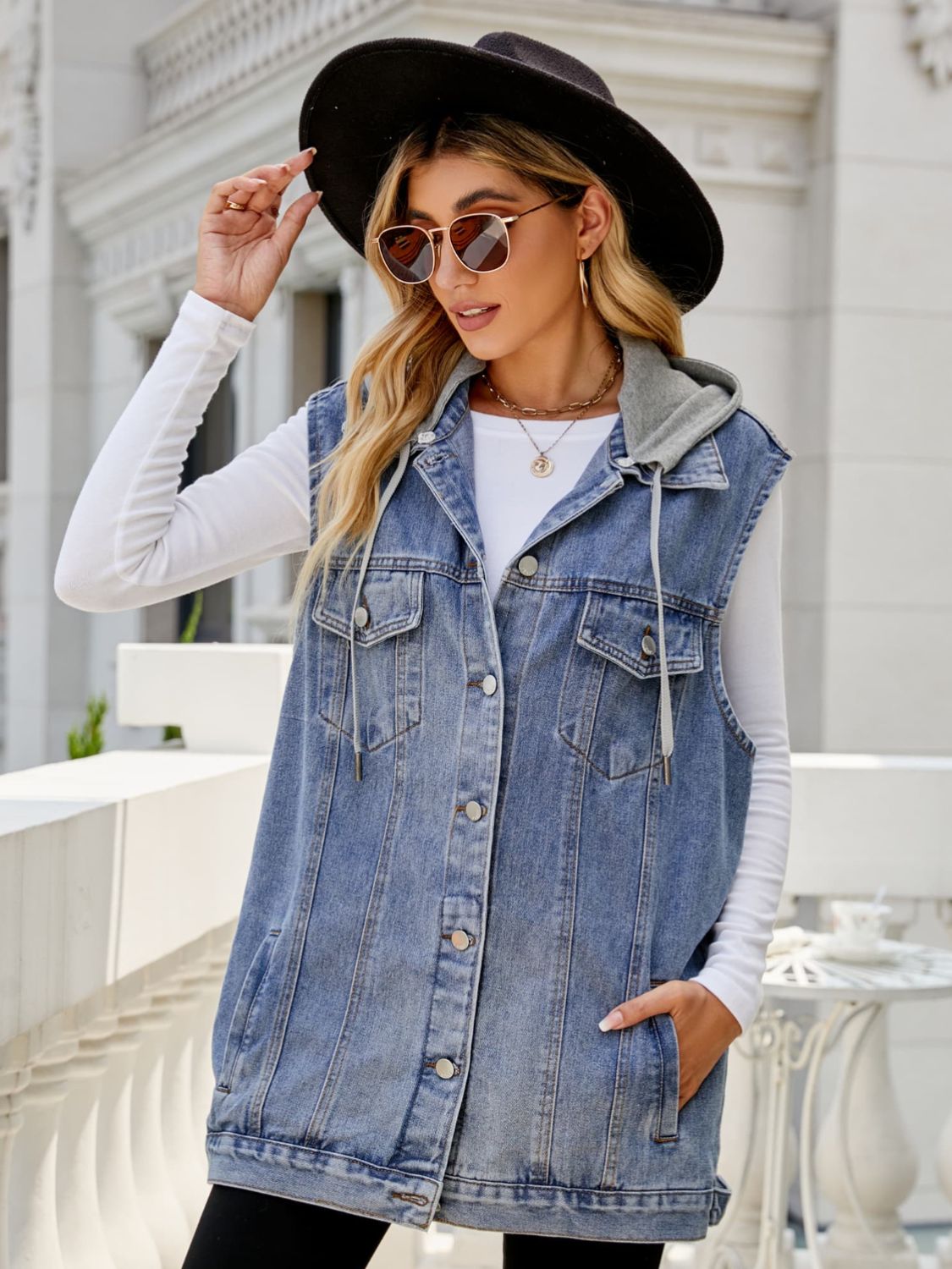 Drawstring Hooded Sleeveless Denim Top with Pockets - Loulou Boutique