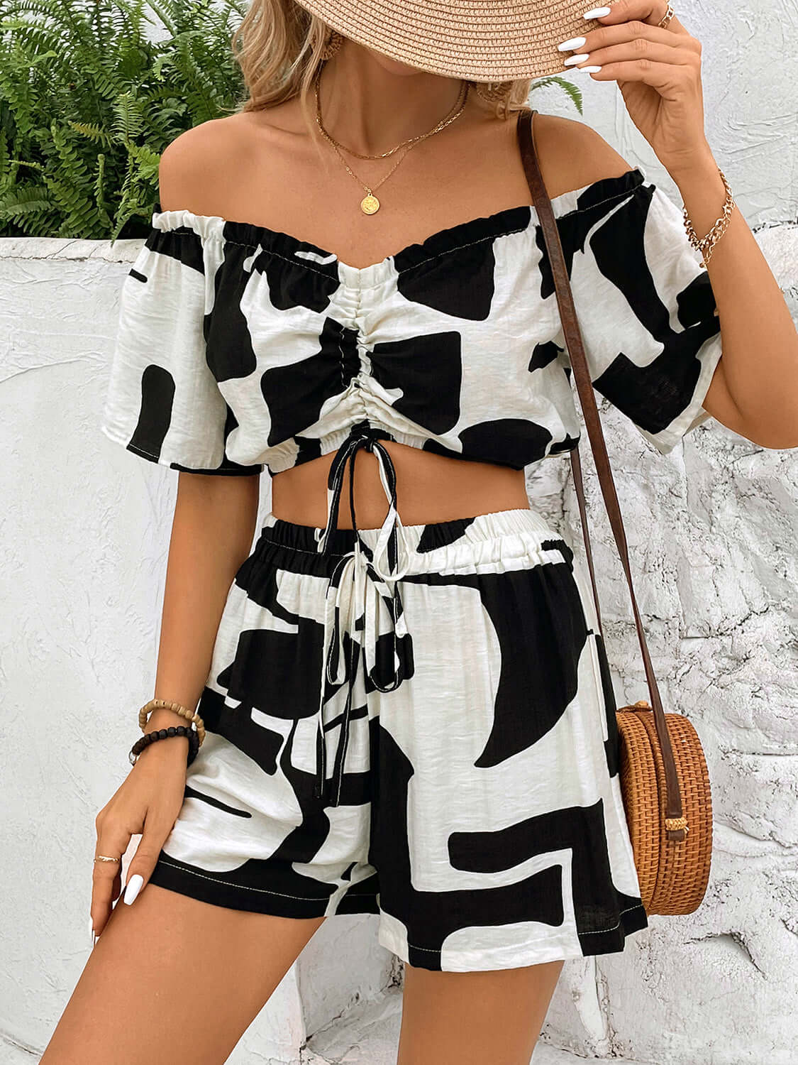 Drawstring Off - Shoulder Top and Shorts Set - Loulou Boutique