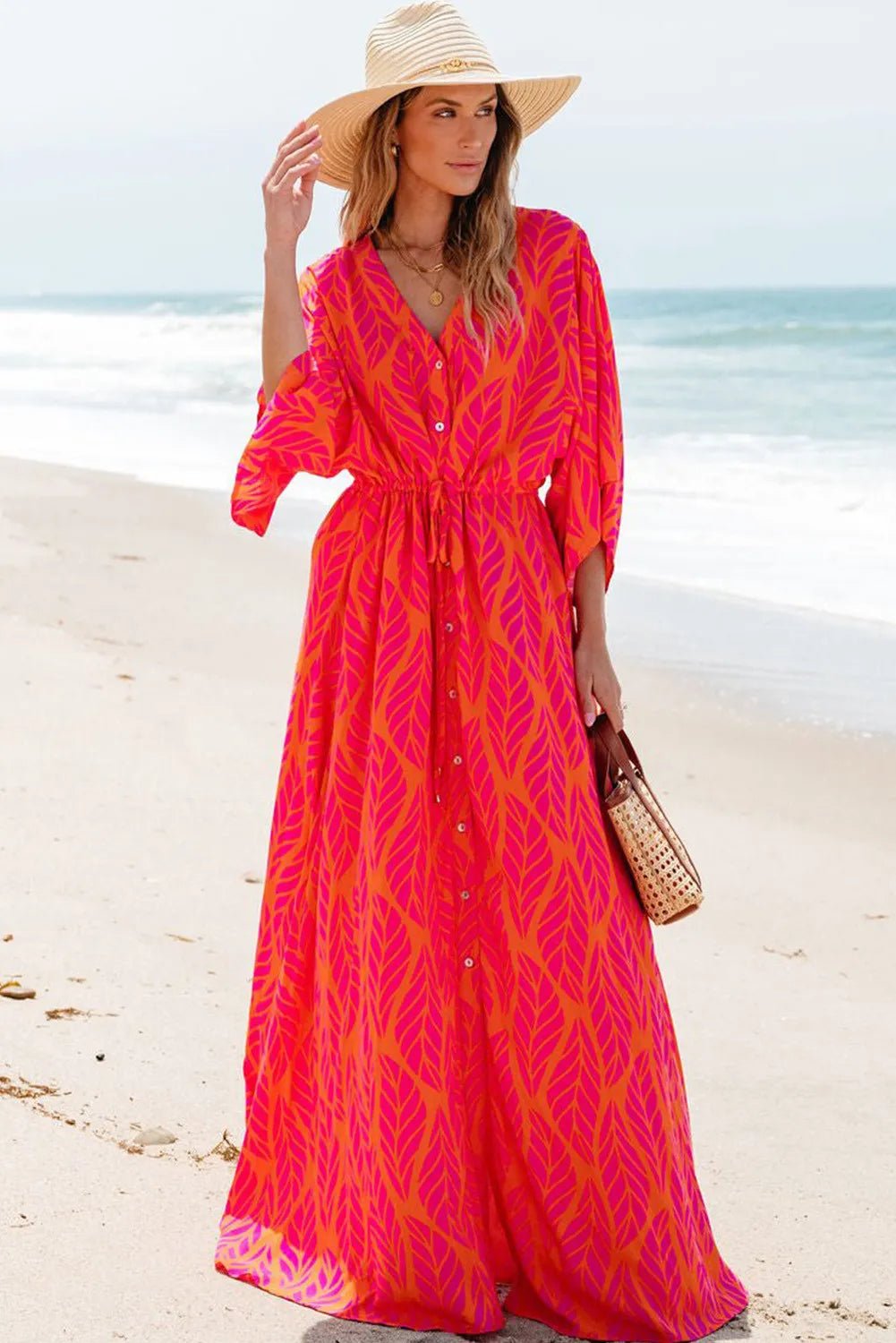 Drawstring Printed V - Neck Maxi Dress - Loulou Boutique