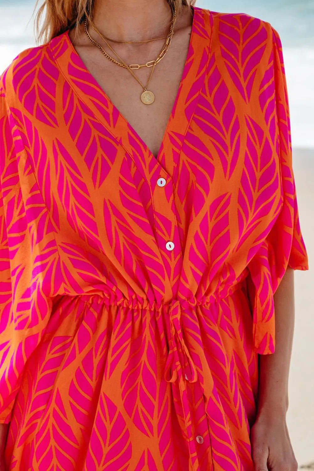 Drawstring Printed V - Neck Maxi Dress - Loulou Boutique