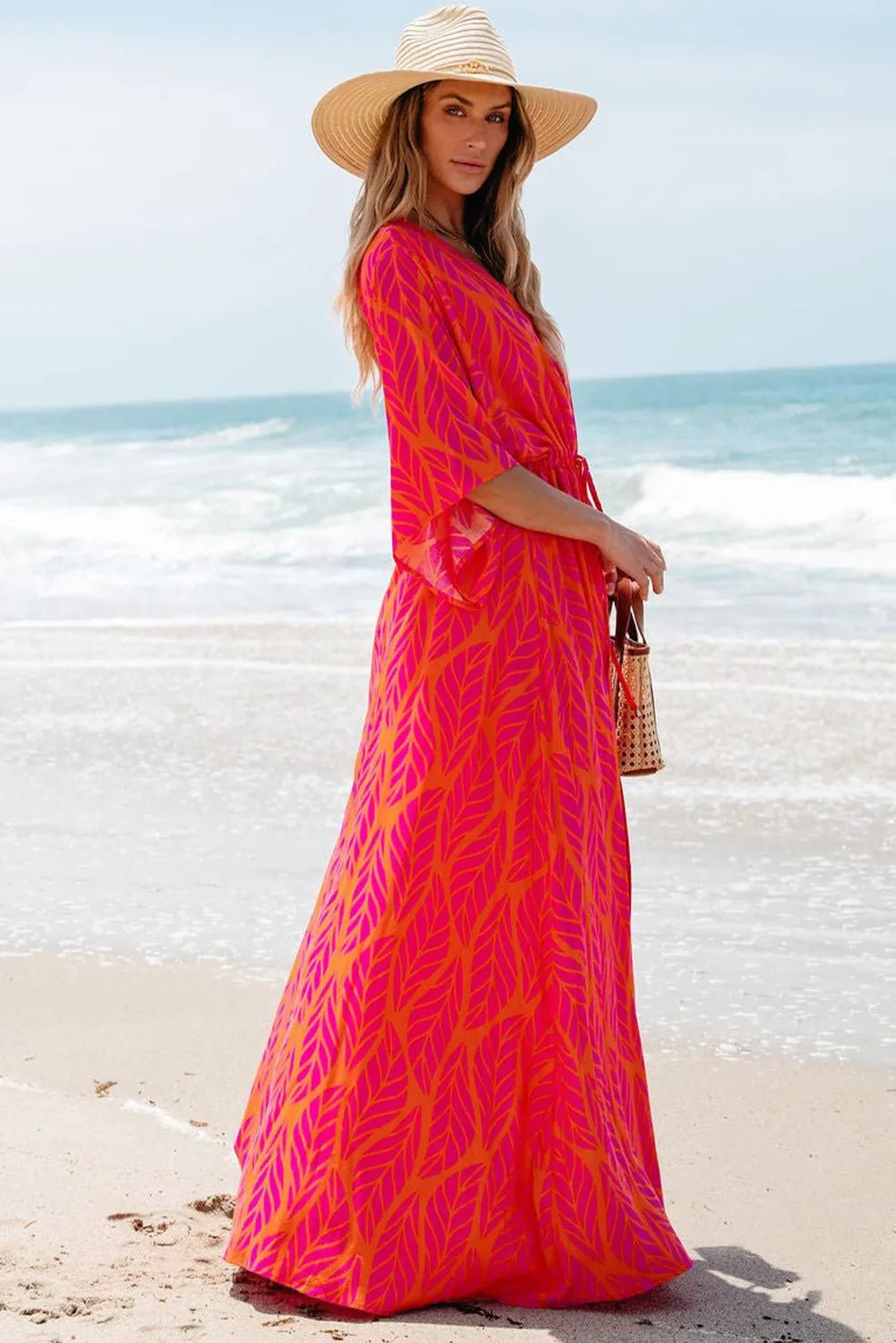 Drawstring Printed V - Neck Maxi Dress - Loulou Boutique