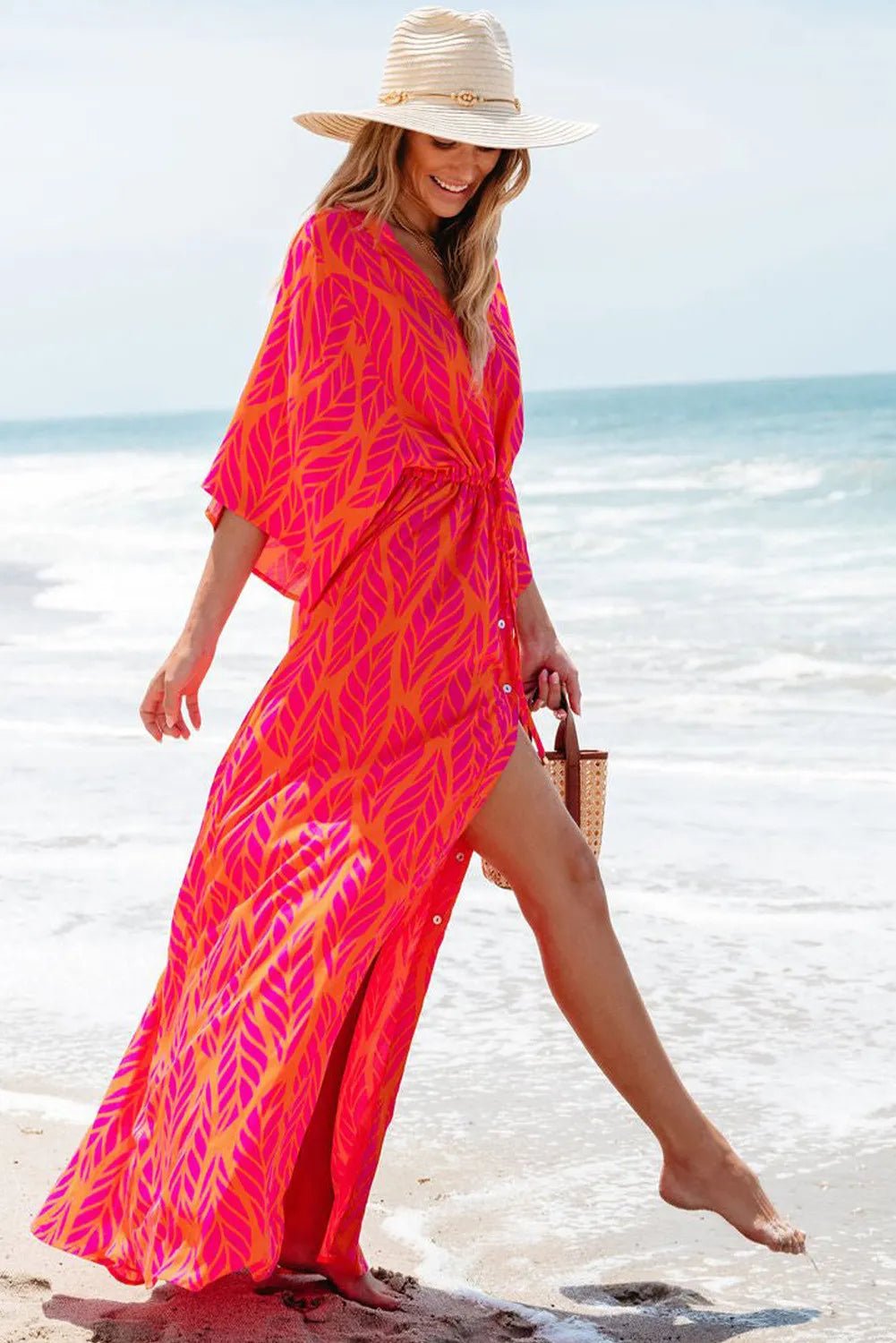 Drawstring Printed V - Neck Maxi Dress - Loulou Boutique
