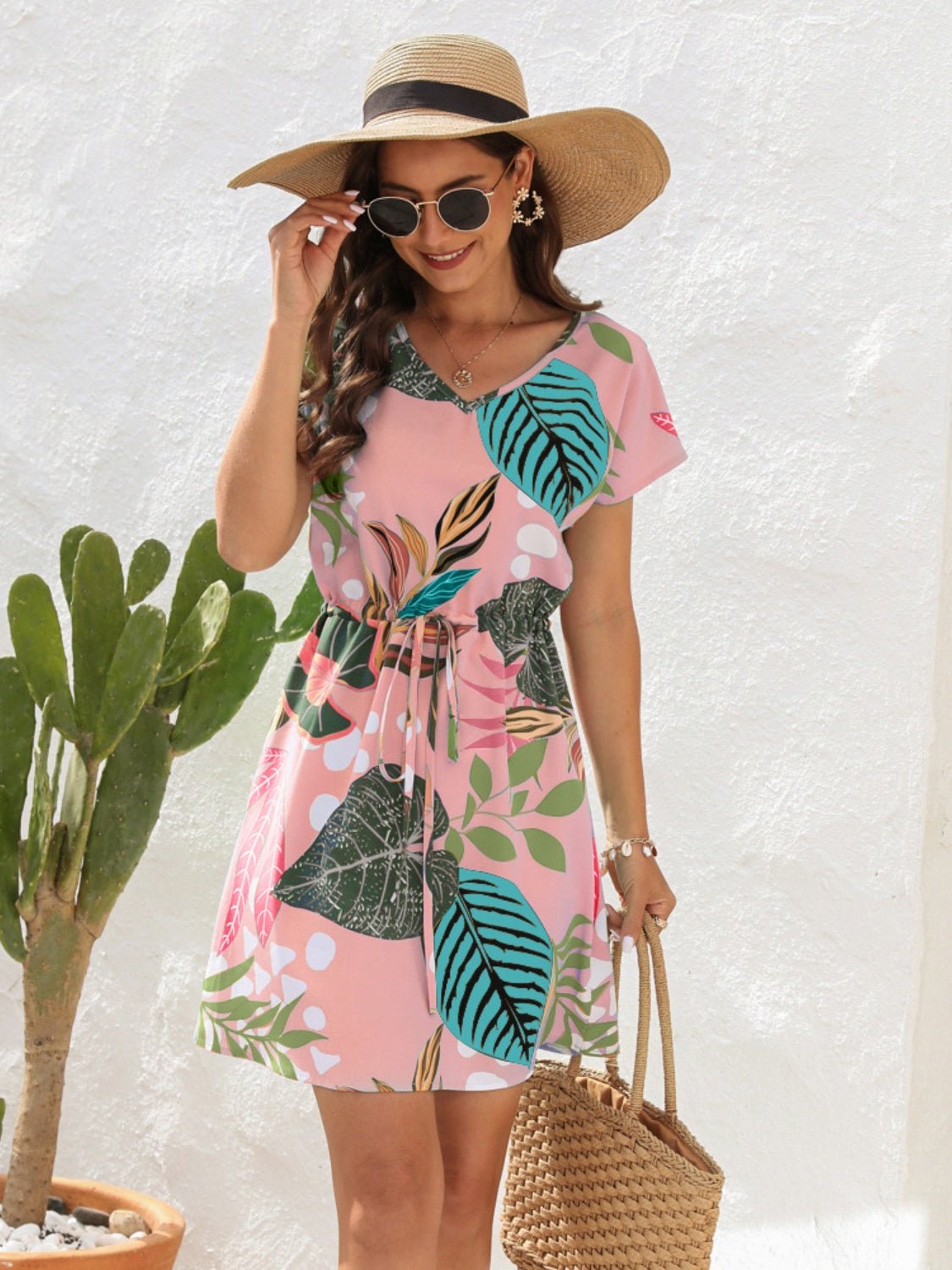 Drawstring Printed V - Neck Mini Dress - Loulou Boutique