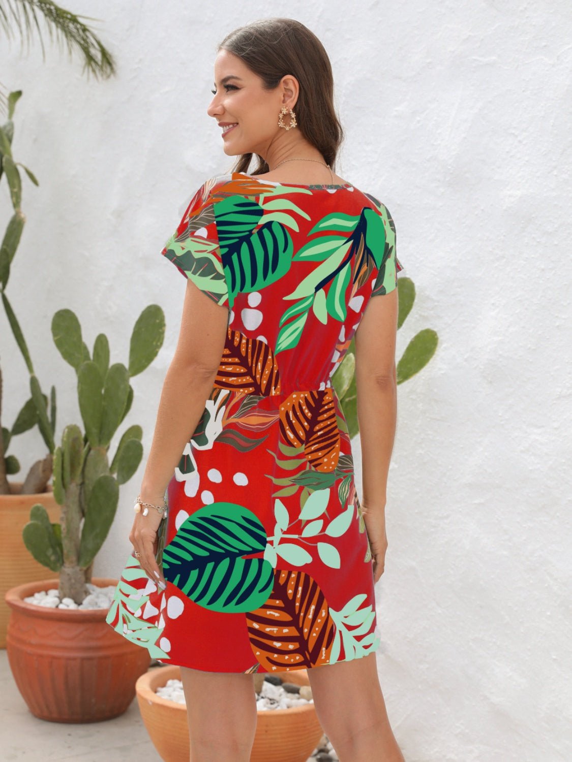 Drawstring Printed V - Neck Mini Dress - Loulou Boutique