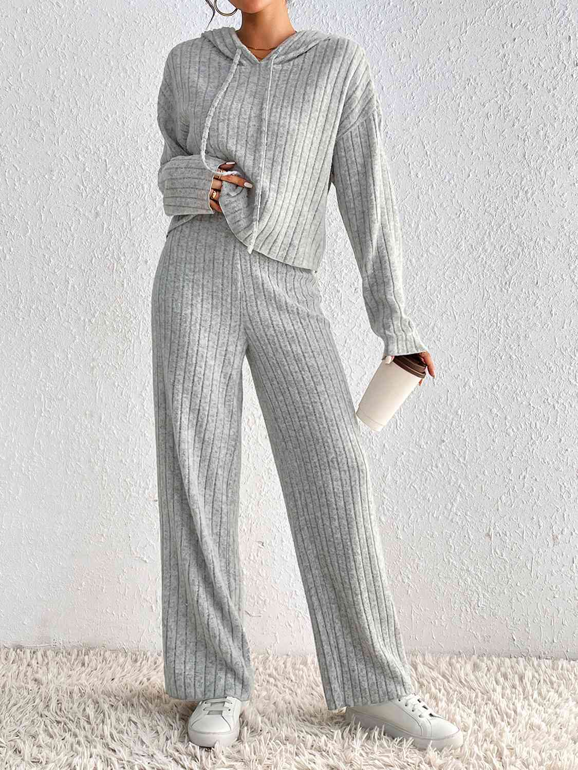 Drawstring Ribbed Hoodie and Straight Leg Pants Set - Loulou Boutique