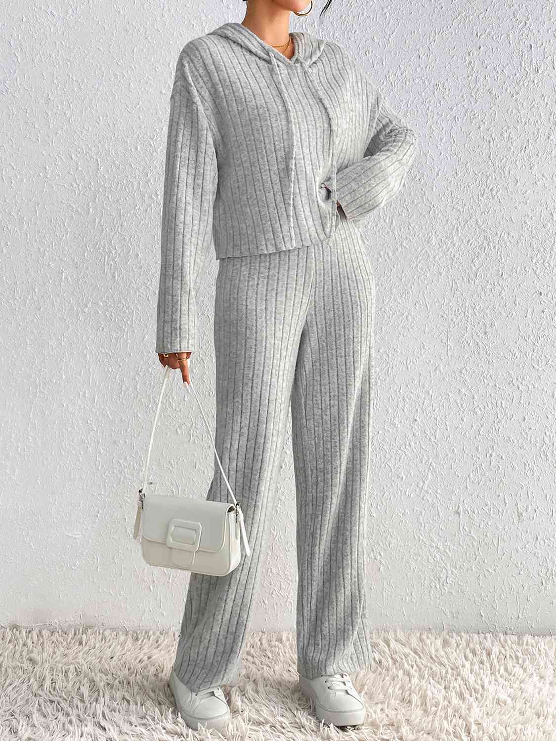 Drawstring Ribbed Hoodie and Straight Leg Pants Set - Loulou Boutique