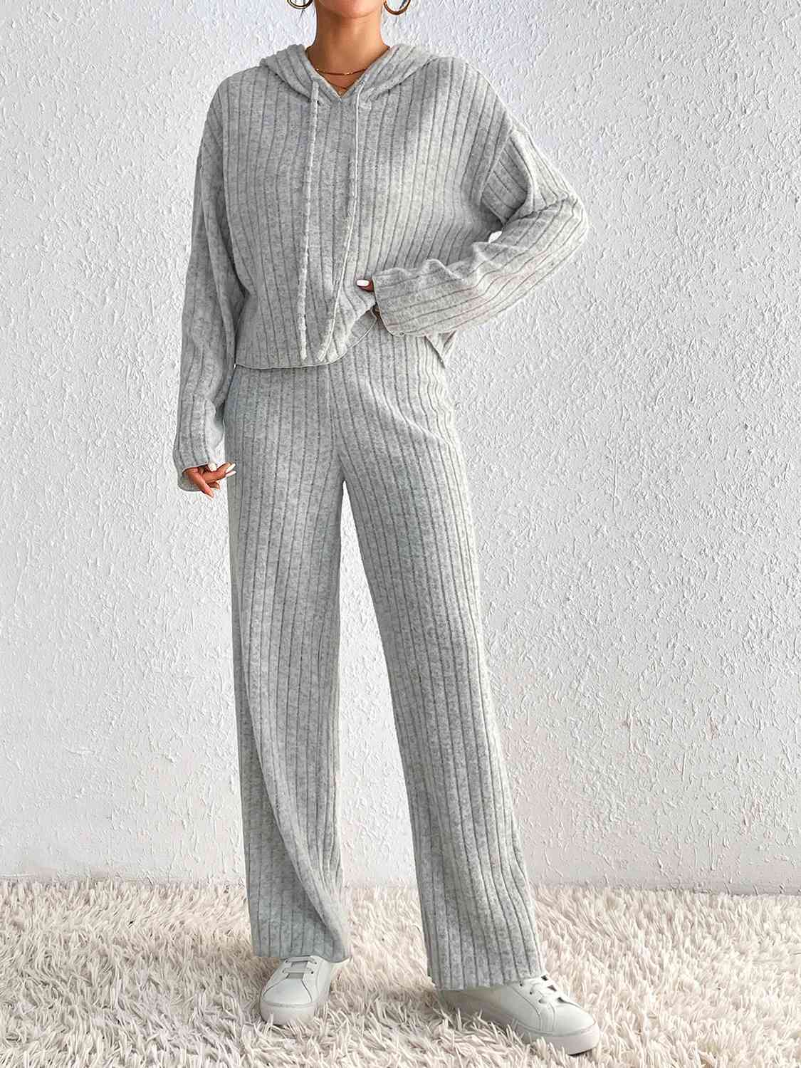 Drawstring Ribbed Hoodie and Straight Leg Pants Set - Loulou Boutique