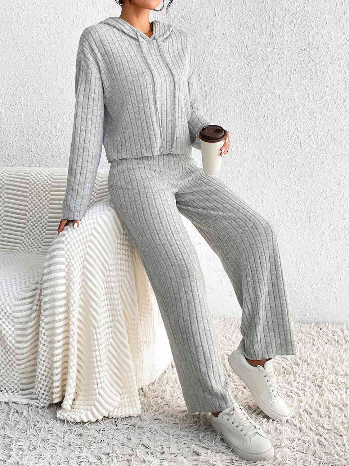 Drawstring Ribbed Hoodie and Straight Leg Pants Set - Loulou Boutique