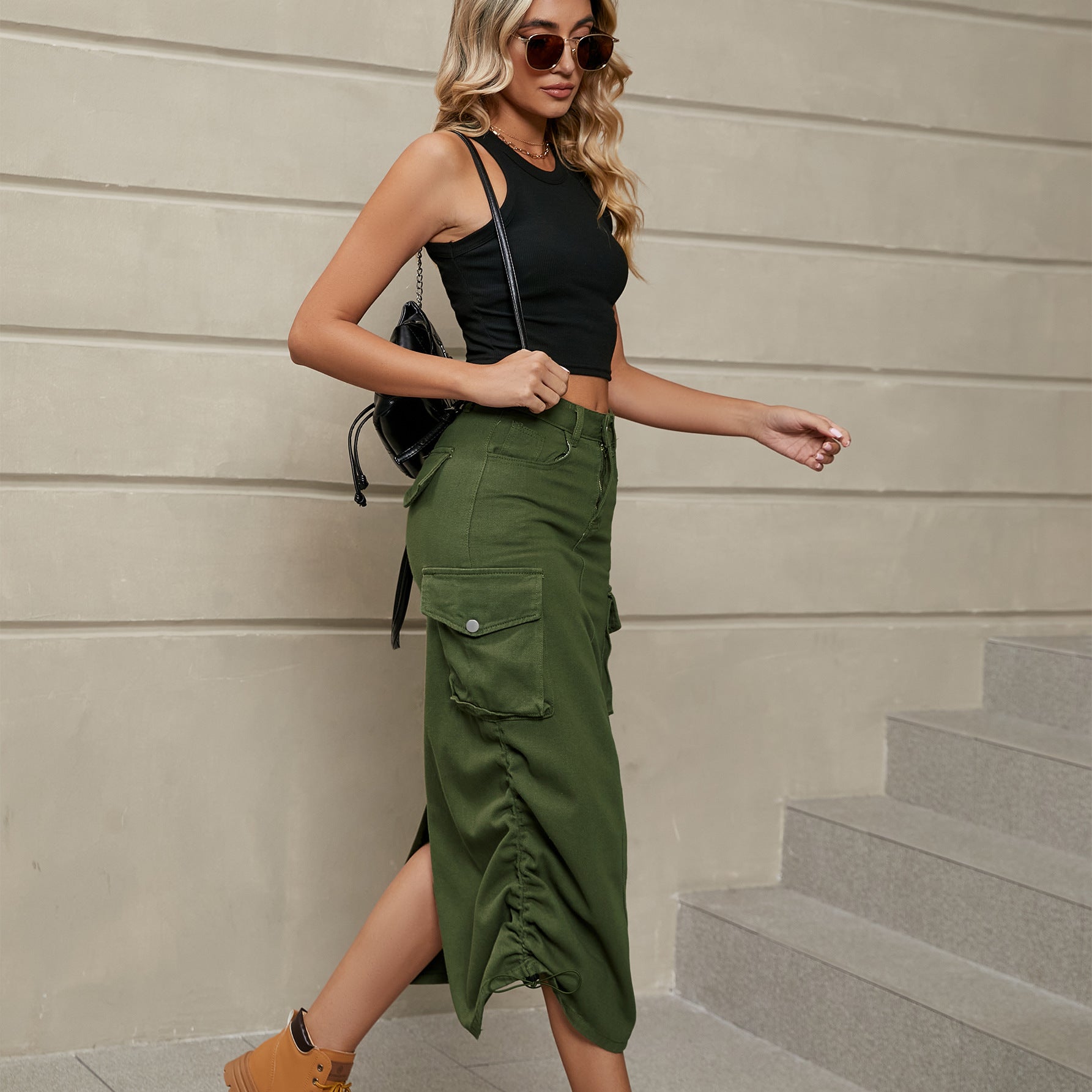 Drawstring Ruched Slit Denim Midi Skirt - Loulou Boutique