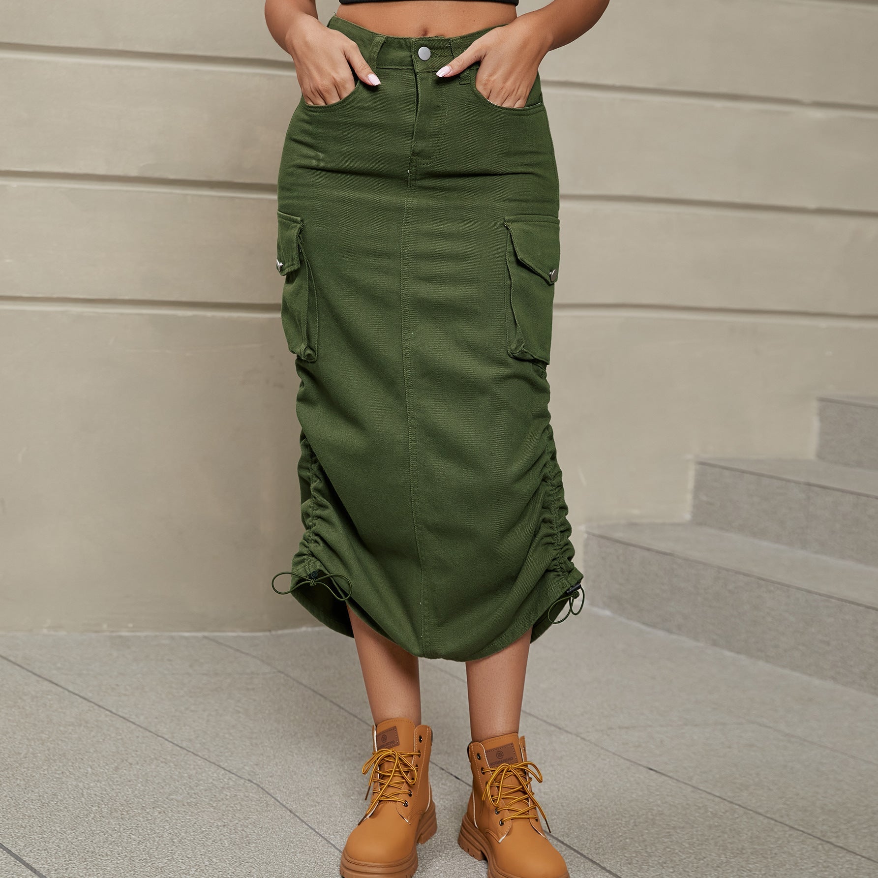 Drawstring Ruched Slit Denim Midi Skirt - Loulou Boutique