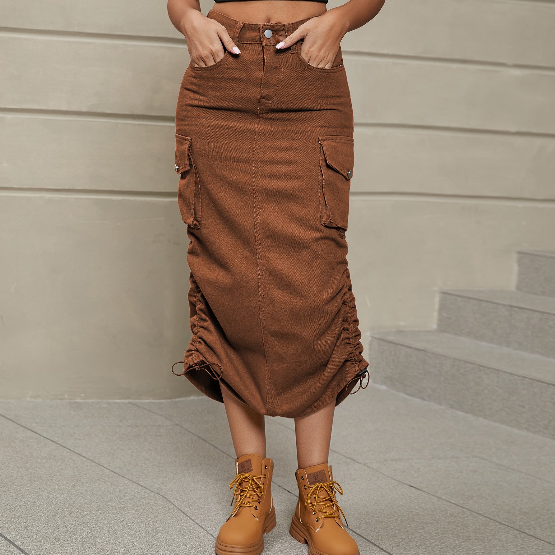 Drawstring Ruched Slit Denim Midi Skirt - Loulou Boutique