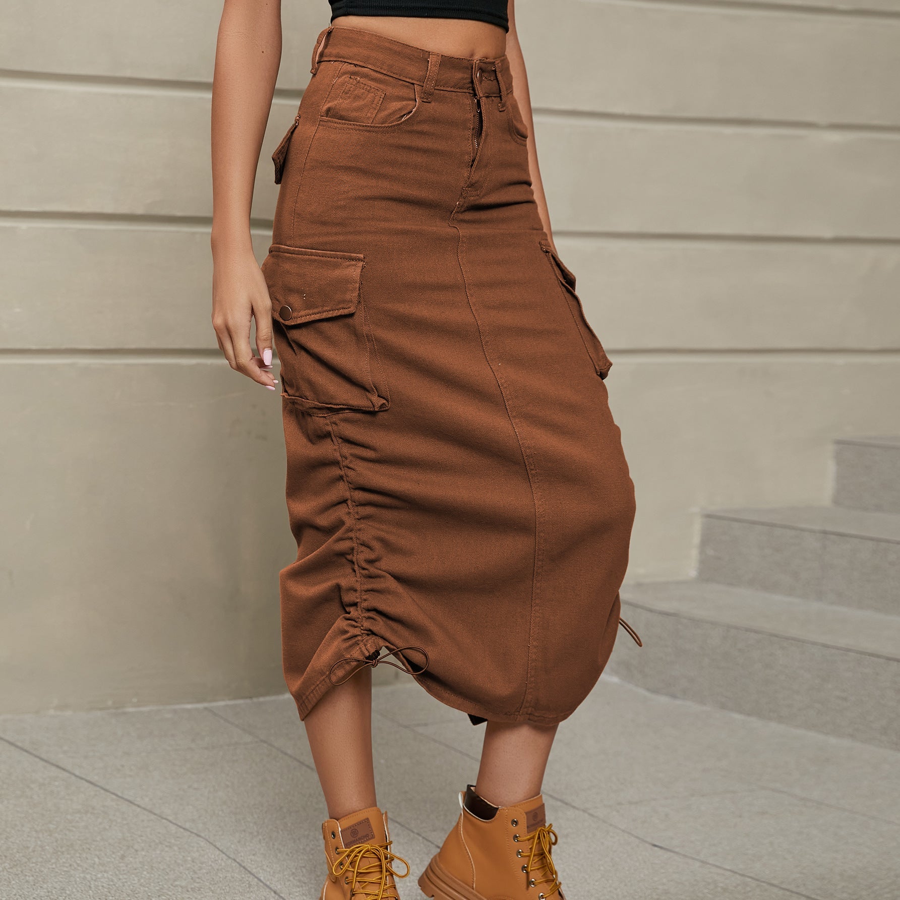 Drawstring Ruched Slit Denim Midi Skirt - Loulou Boutique