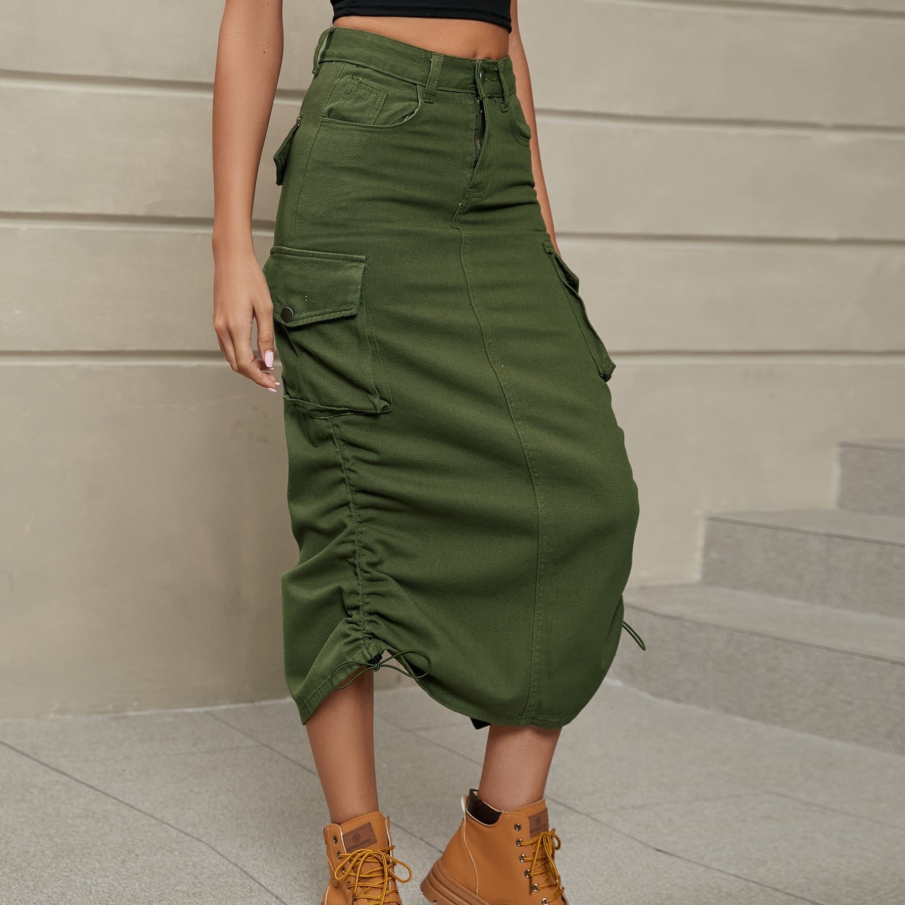 Drawstring Ruched Slit Denim Midi Skirt - Loulou Boutique