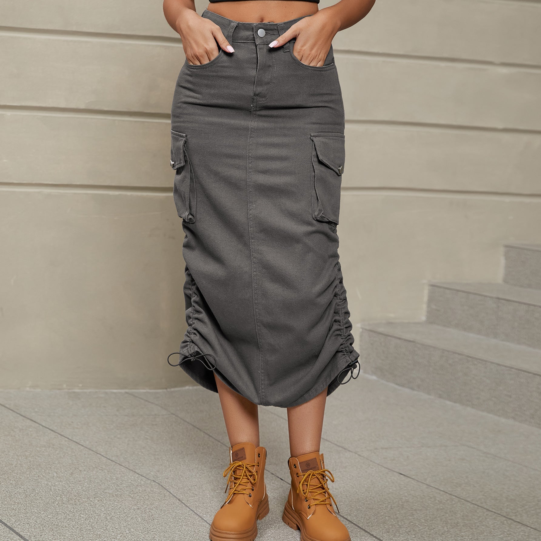 Drawstring Ruched Slit Denim Midi Skirt - Loulou Boutique