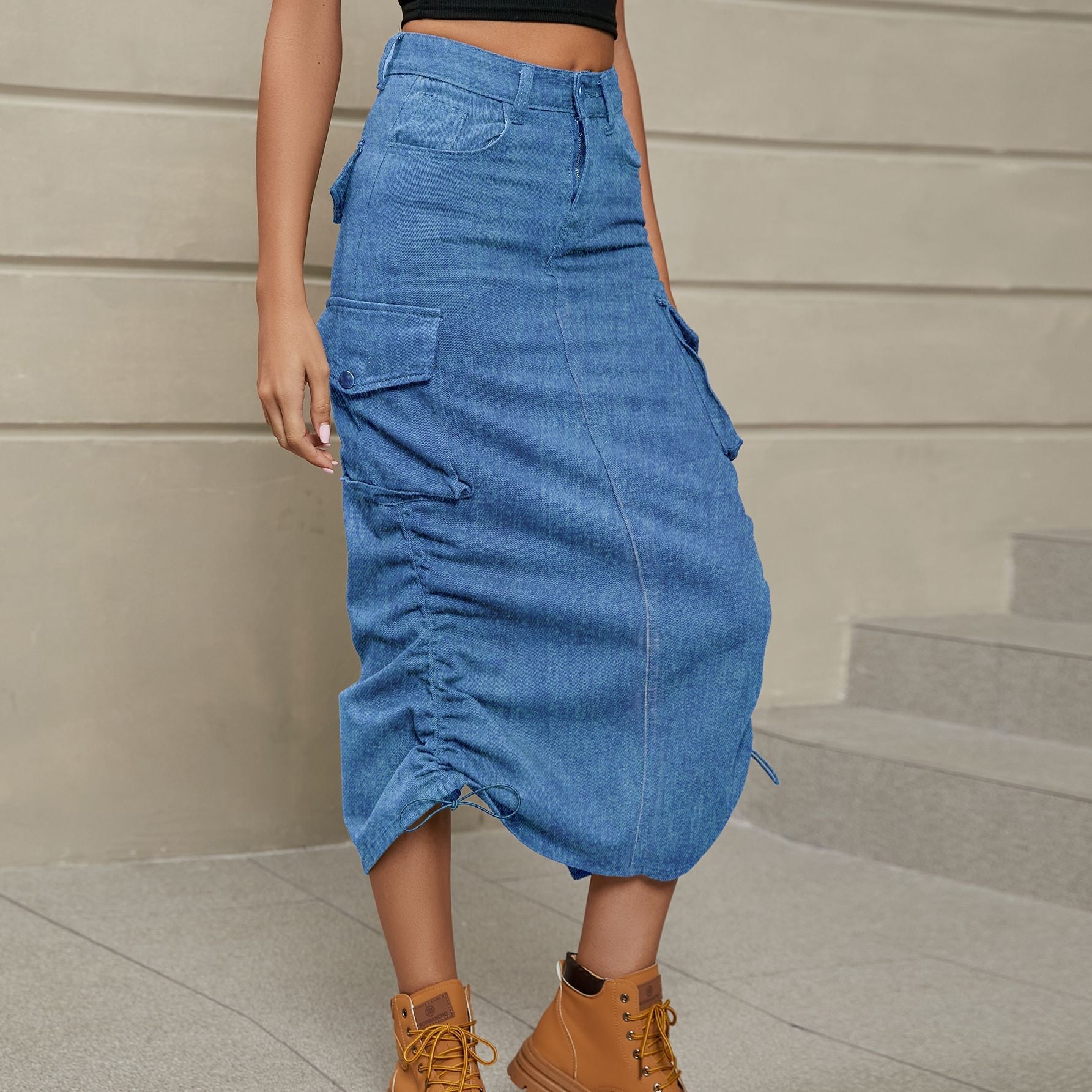 Drawstring Ruched Slit Denim Midi Skirt - Loulou Boutique