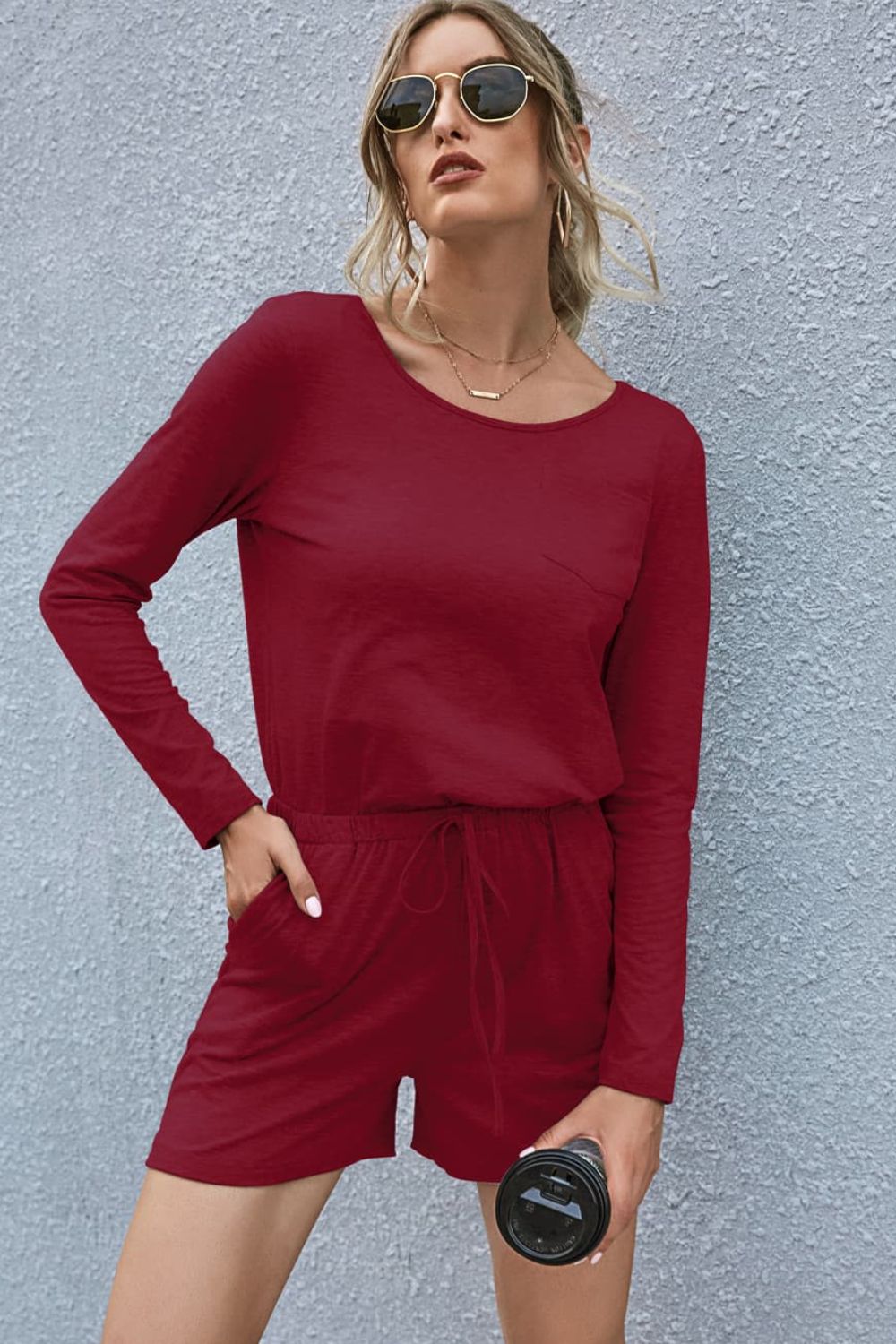 Drawstring Waist Long Sleeve Romper - Loulou Boutique