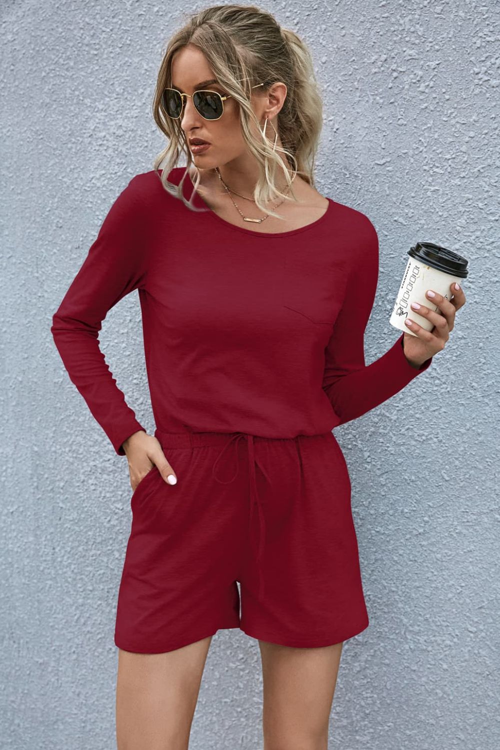 Drawstring Waist Long Sleeve Romper - Loulou Boutique