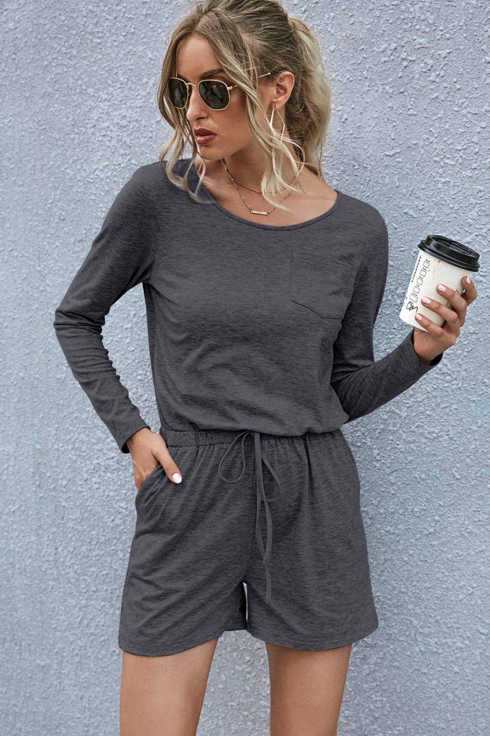 Drawstring Waist Long Sleeve Romper - Loulou Boutique
